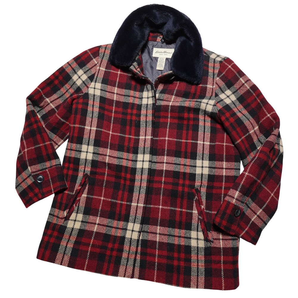Eddie Bauer Coat Womens Large Red Plaid Wool Fur Collar Full Zip Lined Insulated